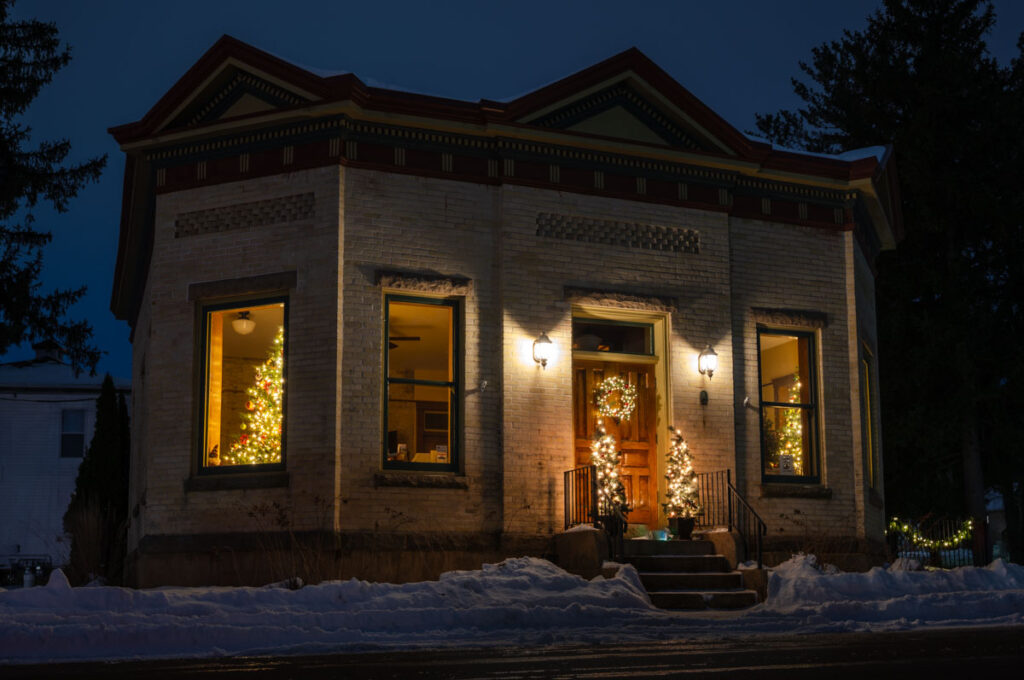 Baker Office Building at night, during the holidays