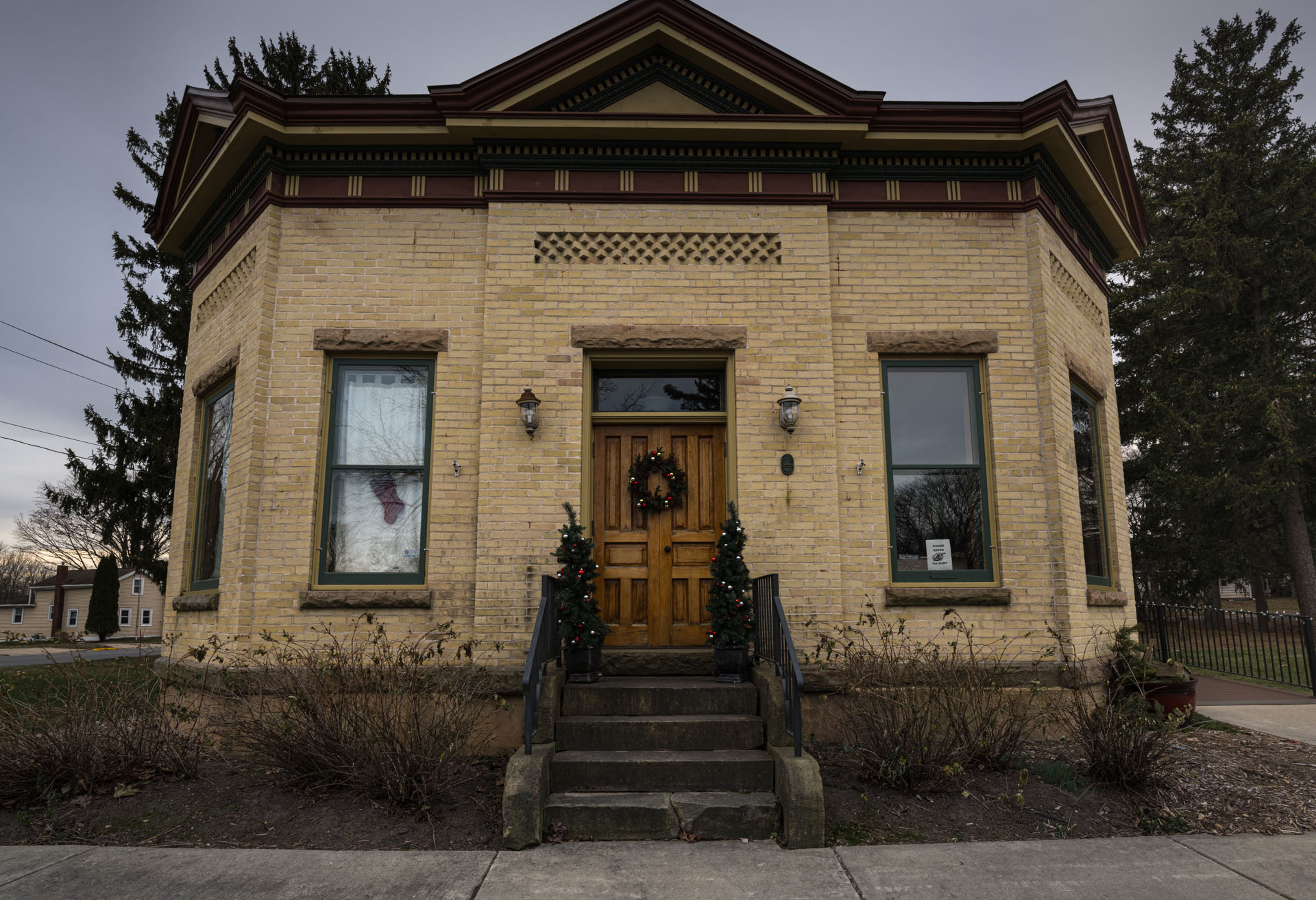 A front view of the original office building of Baker Manufacturing.