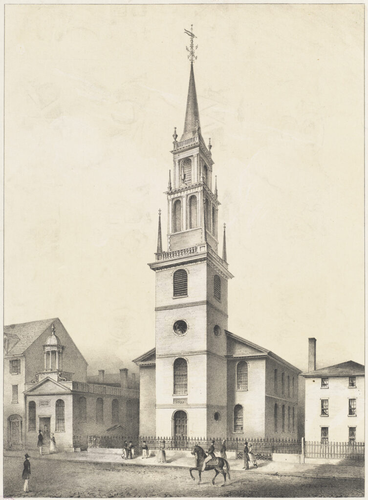 A historic print depicting Old North’s first steeple. (Boston Public Library, Print Department)